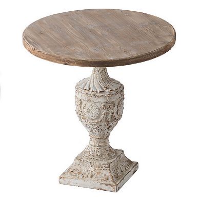31 Inch Round Accent Side Table, Fir Wood, Engraved, Brown, Antique White