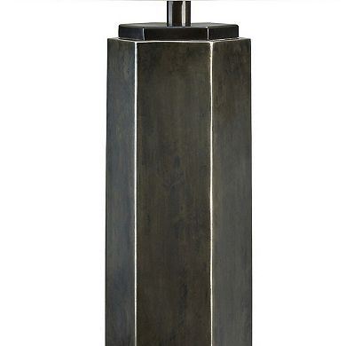 31 Inch Table Lamp, Vintage Pewter Hexagonal Metal Base, Fabric Drum Shade