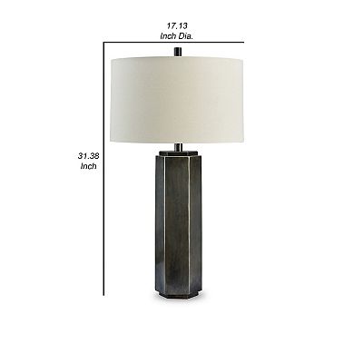 31 Inch Table Lamp, Vintage Pewter Hexagonal Metal Base, Fabric Drum Shade