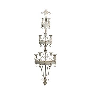 16 Inch Wall Mount Candle Holder, Ornately Scrolled White Metal Finish