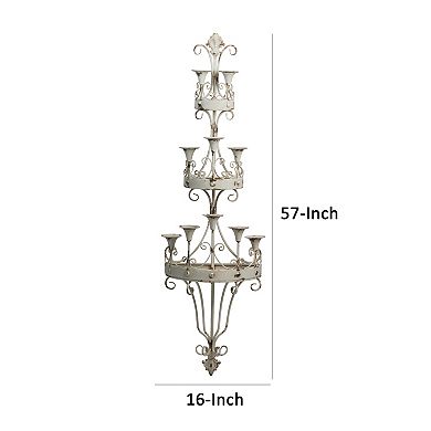 16 Inch Wall Mount Candle Holder, Ornately Scrolled White Metal Finish