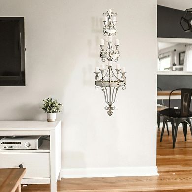 16 Inch Wall Mount Candle Holder, Ornately Scrolled White Metal Finish