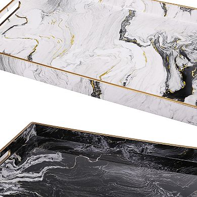 19, 18 Inch Set Of 2 Modern Decorative Trays With Rims, Black And White