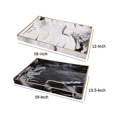 19, 18 Inch Set Of 2 Modern Decorative Trays With Rims, Black And White