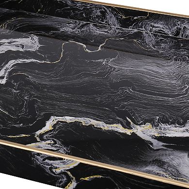 19, 18 Inch Set Of 2 Modern Decorative Trays With Rims, Black And White