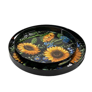 2 Piece Modern Decorative Trays, Round Plastic Frame, Sunflower Motifs