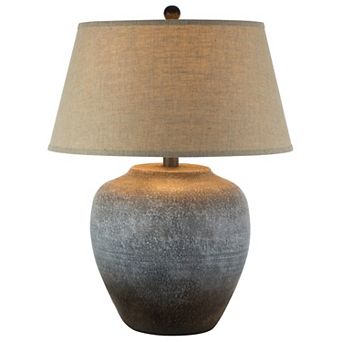 Buen 28 Inch Hydrocal Table Lamp, Drum Shade, Urn Base, Gray Rust Frost