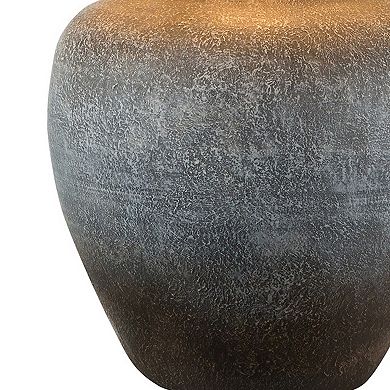 Buen 28 Inch Hydrocal Table Lamp, Drum Shade, Urn Base, Gray Rust Frost