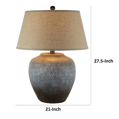 Buen 28 Inch Hydrocal Table Lamp, Drum Shade, Urn Base, Gray Rust Frost