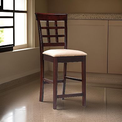 25 Inch Counter Height Stool, Lattice Design Back, Tan Fabric Seat, Brown