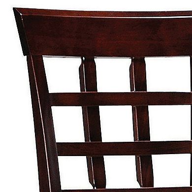 25 Inch Counter Height Stool, Lattice Design Back, Tan Fabric Seat, Brown