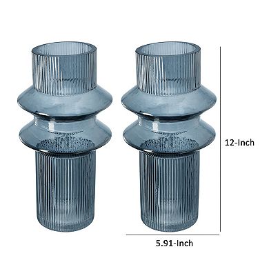 Rae Set Of 2 Glass Vases, Tall Round Cylinders, Smokey Blue, Clear Finish