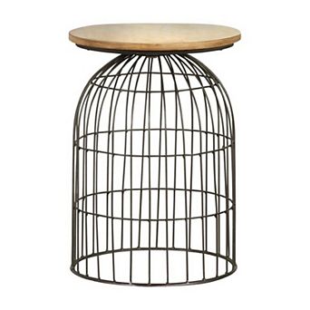 21 Inch Round Accent Table With Bird Cage Style Base, Beige Marble, Black