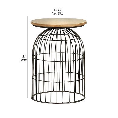 21 Inch Round Accent Table With Bird Cage Style Base, Beige Marble, Black