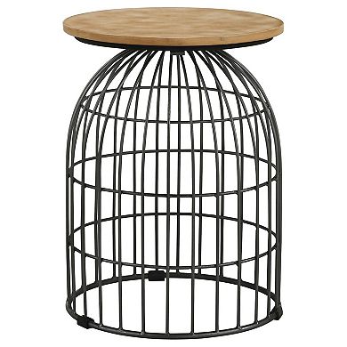 21 Inch Round Accent Table With Bird Cage Style Base, Beige Marble, Black