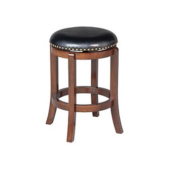 Ovi 24 Inch Wooden Swivel Counter Stool, Faux Leather Seat, Walnut Brown