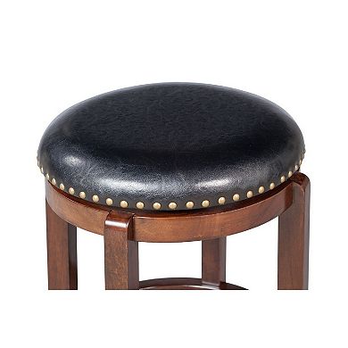 Ovi 24 Inch Wooden Swivel Counter Stool, Faux Leather Seat, Walnut Brown