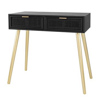 Pia 32 Inch Wood Console Table, 2 Drawers, Woven Rattan Design, Black, Gold