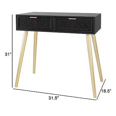 Pia 32 Inch Wood Console Table, 2 Drawers, Woven Rattan Design, Black, Gold