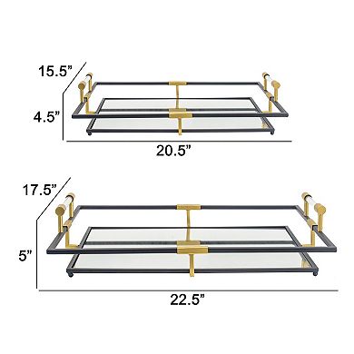 21, 27 Inch Set Of 2 Decorative Trays With Mirror, Modern Frame, Gold, Black