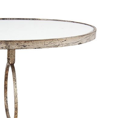 28 Inch Accent Side Table, Oval Mirror Top, Metal Base, Rustic Gold Finish