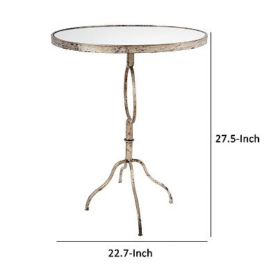 28 Inch Accent Side Table, Oval Mirror Top, Metal Base, Rustic Gold Finish