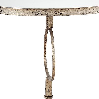 28 Inch Accent Side Table, Oval Mirror Top, Metal Base, Rustic Gold Finish