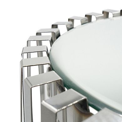 23 Inch Accent Side Table, Polished Steel Ribs, Drum, Mirrored Top, Silver