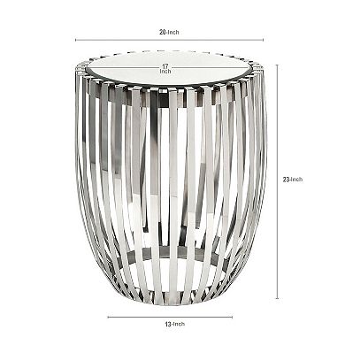 23 Inch Accent Side Table, Polished Steel Ribs, Drum, Mirrored Top, Silver
