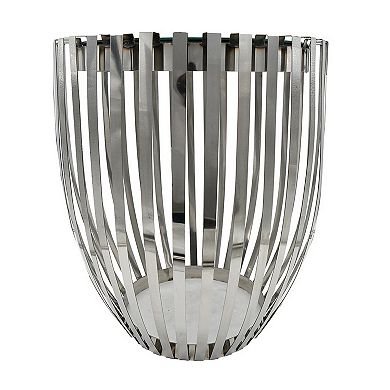 23 Inch Accent Side Table, Polished Steel Ribs, Drum, Mirrored Top, Silver