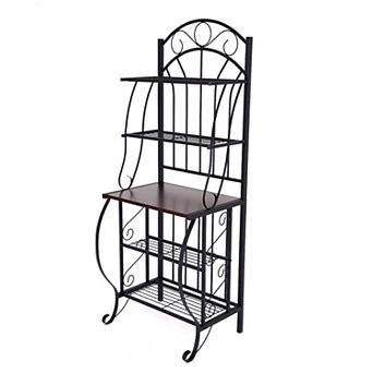 65 Inch 5 tier Bakers Rack, Middle Wood Shelf, Carved Black Metal Frame