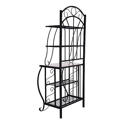 65 Inch 5 Tier Bakers Rack, Middle Wood Shelf, Carved Black Metal Frame