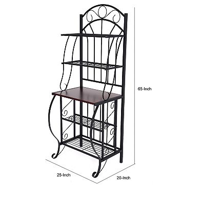 65 Inch 5 Tier Bakers Rack, Middle Wood Shelf, Carved Black Metal Frame