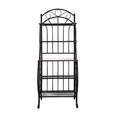 65 Inch 5 Tier Bakers Rack, Middle Wood Shelf, Carved Black Metal Frame