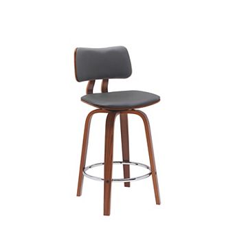 Pino 26 Inch Swivel Counter Stool Chair, Gray Faux Leather, Walnut Brown