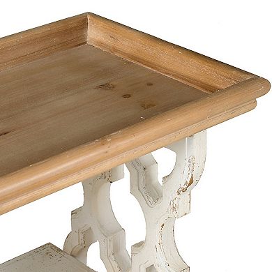 35 Inch 3 Tier Console Table, Fir Wood, Carved Panels, Brown And White