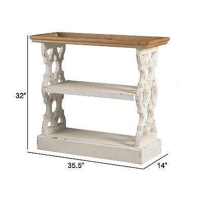 35 Inch 3 Tier Console Table, Fir Wood, Carved Panels, Brown And White