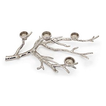 23 Inch Metal Tea Light Holder, Tree Branch Design, 4 Candle Slots, Silver