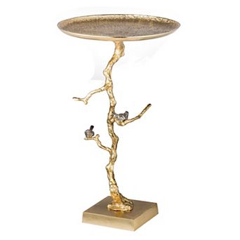 28 Inch Accent Table, Artful Branchlike Frame, Silver Bird Accents, Gold