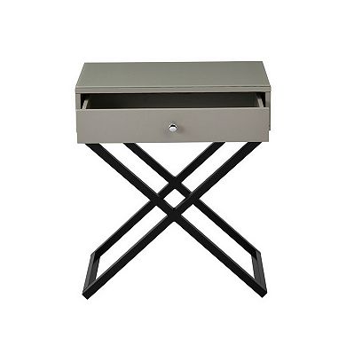 Zeno 27 Inch 1 Drawer Nightstand, Glass Top, Black Metal Cross Legs, Taupe