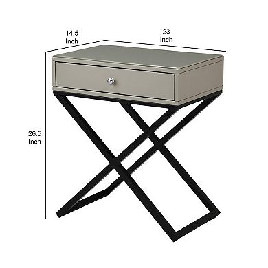 Zeno 27 Inch 1 Drawer Nightstand, Glass Top, Black Metal Cross Legs, Taupe