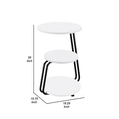 26 Inch Side End Table, 3 Tier Design, Black Metal Frame, White Finish