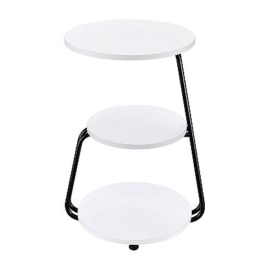 26 Inch Side End Table, 3 Tier Design, Black Metal Frame, White Finish