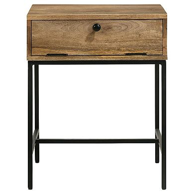 24 Inch End Table With Slender Iron Base, Honey Brown Mango Wood Frame