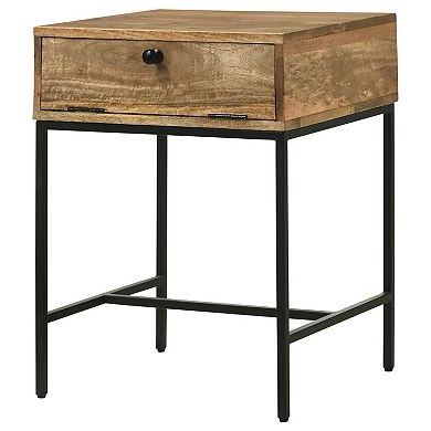 24 Inch End Table With Slender Iron Base, Honey Brown Mango Wood Frame