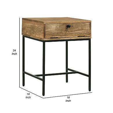 24 Inch End Table With Slender Iron Base, Honey Brown Mango Wood Frame