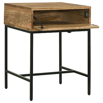 24 Inch End Table With Slender Iron Base, Honey Brown Mango Wood Frame