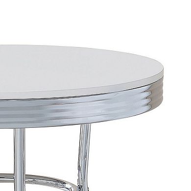 42 Inch Round Bar Table, Ribbed Apron, Glossy White Lacquer, Retro Style