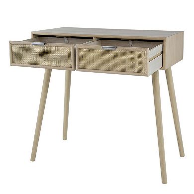 Pia 32 Inch Wood Console Table, 2 Drawers, Woven Rattan, Natural Brown