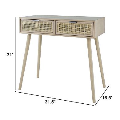 Pia 32 Inch Wood Console Table, 2 Drawers, Woven Rattan, Natural Brown